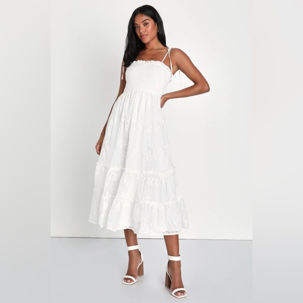 Lulus signs of love white embroidered tie strap midi dress, NWOT